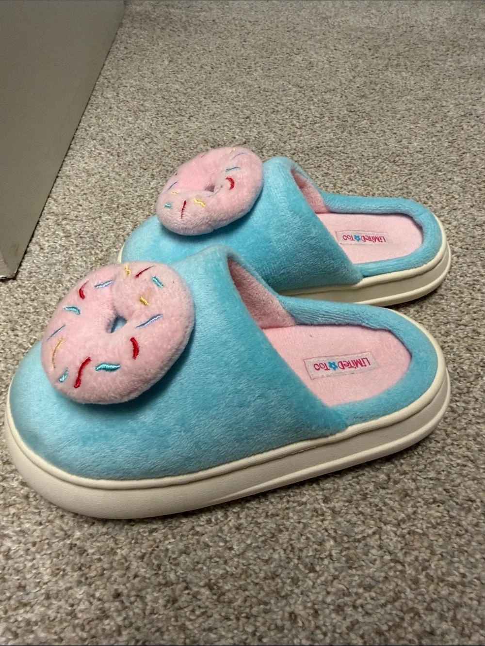Limited Too Blue Plush Kids Slip-On Slippers with Pink Sprinkle Donut SZ 13
